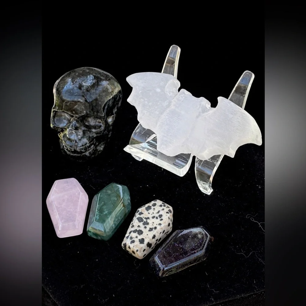 Selenite Bat Crystal, Larvakite Skull. Coffins. Halloween Bundle.